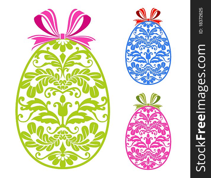 Colorful eggs over white background with bow and ornaments, designs in three variations. Colorful eggs over white background with bow and ornaments, designs in three variations
