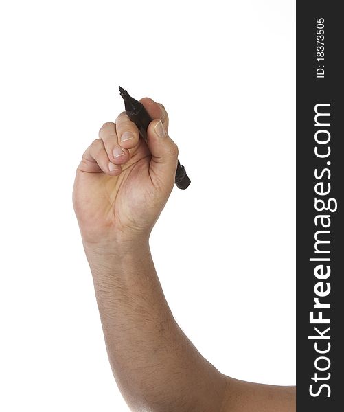 Hand holding black big pen, isolated over white background