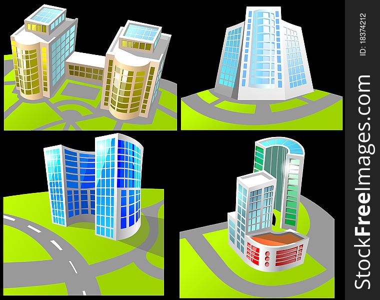 Set of four different buildings on black background in cartoon style. Set of four different buildings on black background in cartoon style.