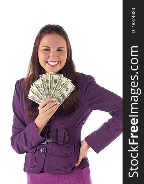 Portrait of smiling female with pile of money on white background. Portrait of smiling female with pile of money on white background