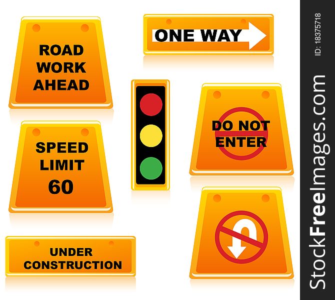 Illustration of traffic signal with boards on white background