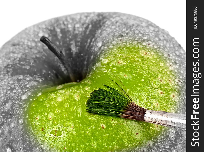 Paints a green apple with a brush. Paints a green apple with a brush.