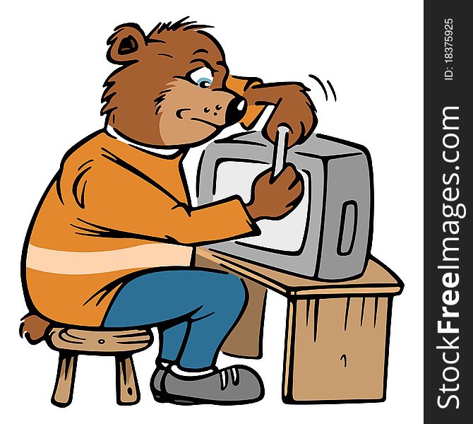 Cartoon illustration of a bear repairing a TV