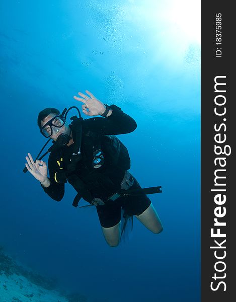 Scuba diver swim in ocean and makes OK sign. Scuba diver swim in ocean and makes OK sign