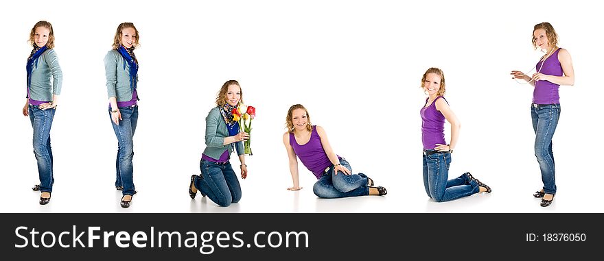 Young caucasian girl different poses isolated