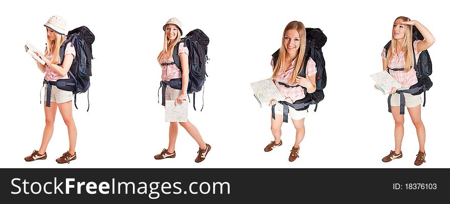 Girl with backpack isolated on white different pos
