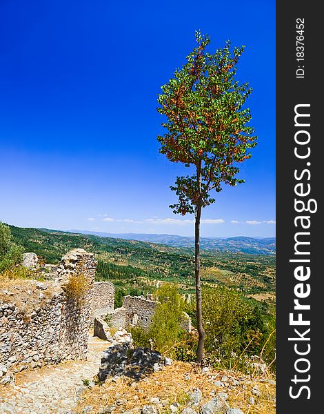 Ruins of old town in Mystras, Greece - travel background