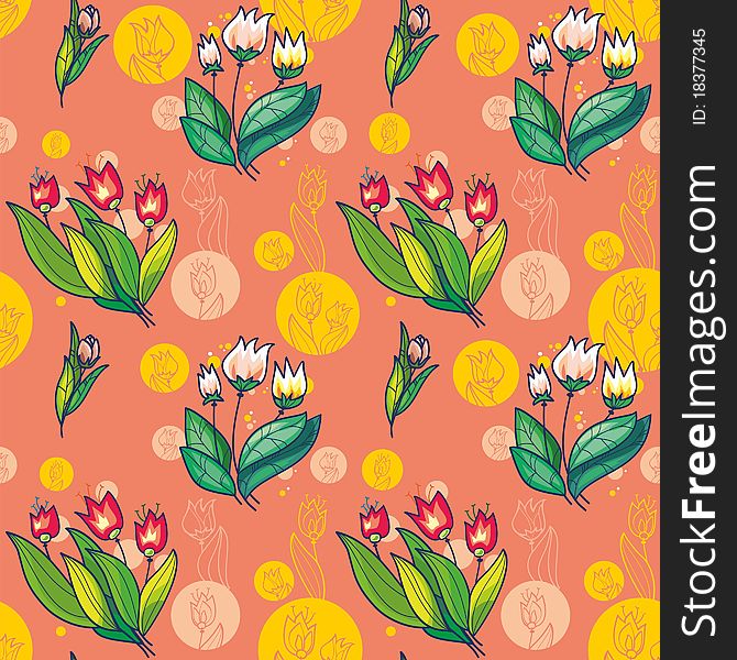 Floral seamless pattern of bright white and crimson tulips on a pink background with circles. Floral seamless pattern of bright white and crimson tulips on a pink background with circles