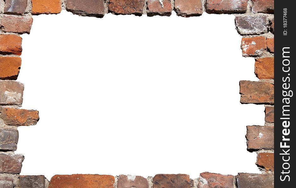 Old brick wall as a grungy frame, isolated on white background in the centre. Old brick wall as a grungy frame, isolated on white background in the centre