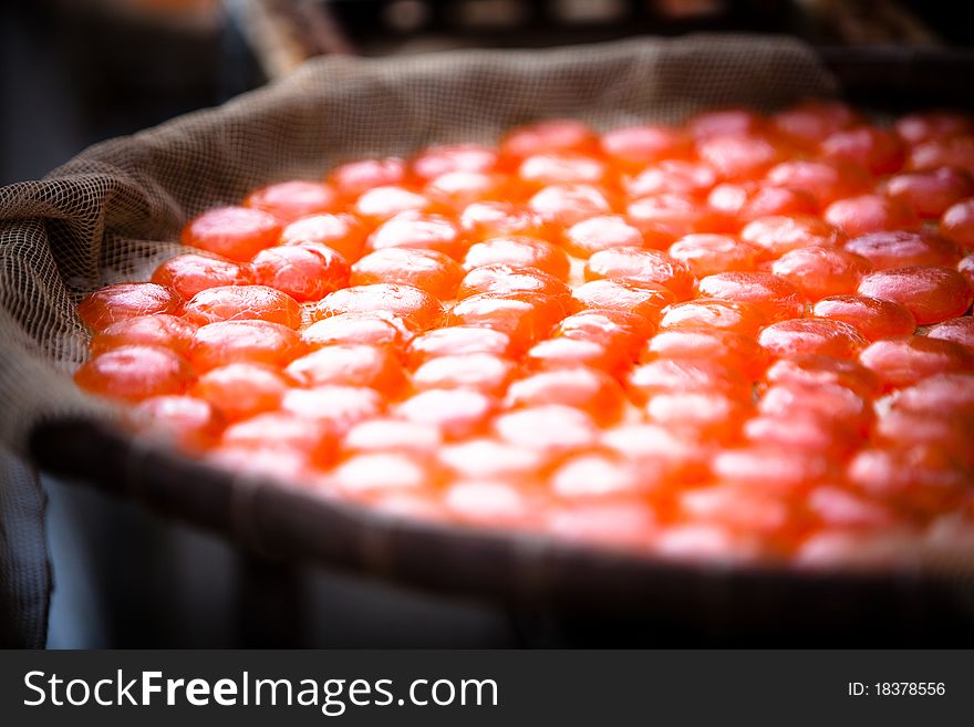 Sun dried salted egg yolk which is a Traditional Chinese preserved food product. Shot was taken in Tai O, Hong Kong