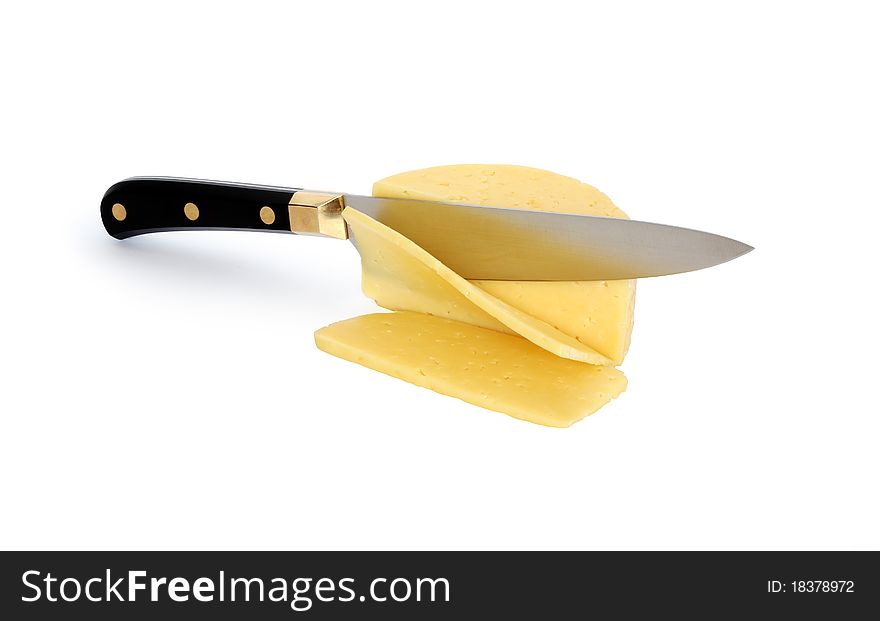 Sliced cheese and kitchen knife isolated on white background with clipping path