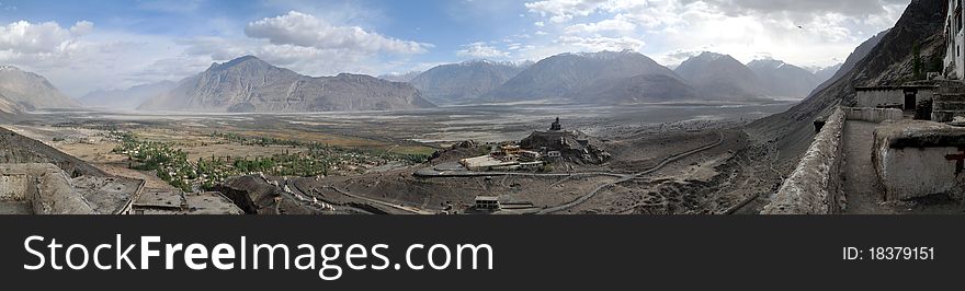 Panoramic view of the Nubra valley from the Diskit Monastery. Ladakh, India. Panoramic view of the Nubra valley from the Diskit Monastery. Ladakh, India