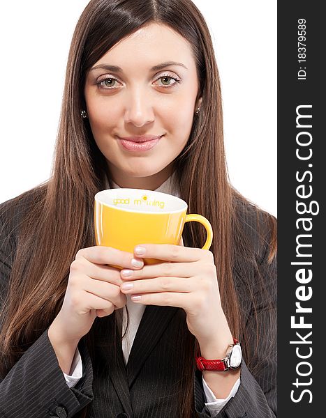 Portrait Of  Girl In Business Suit With Cup