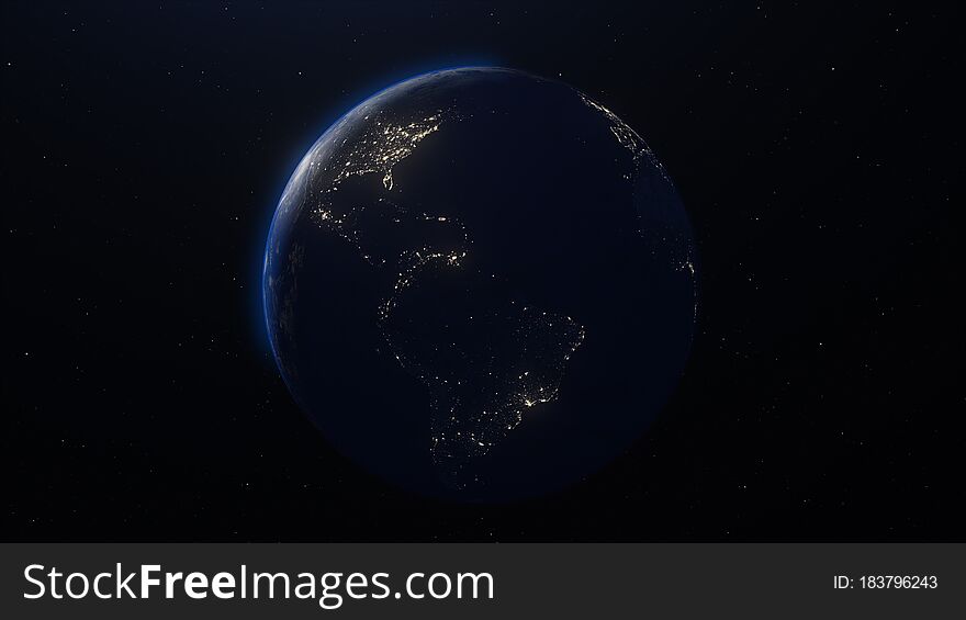 Planet earth globe at night. Highly detailed. Elements of this image furnished by NASA. Night sky with stars and nebula. View from space. Europe, sunrise, space, galaxy, map. 3d render