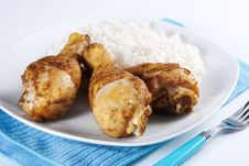 Roasted Chicken Legs With Boiled Rice Stock Photos