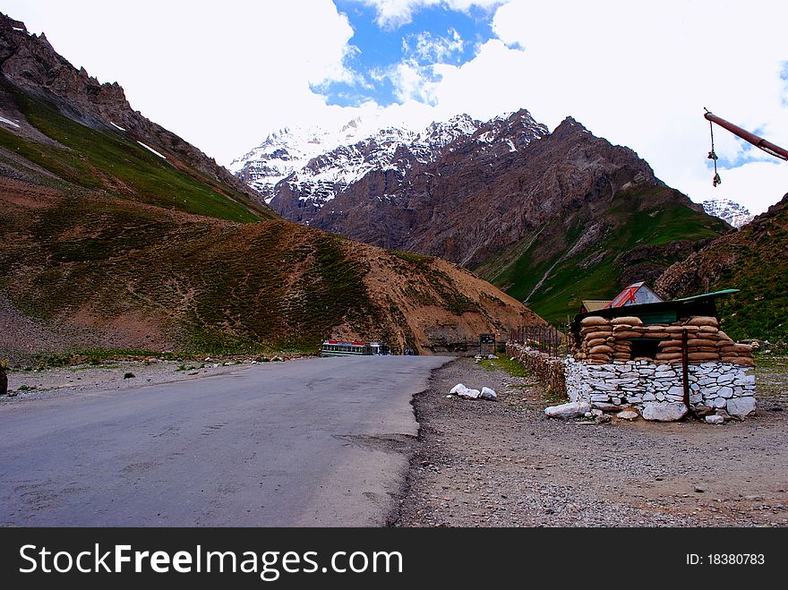 An Indian army check post in a Himalayan landscape. An Indian army check post in a Himalayan landscape.