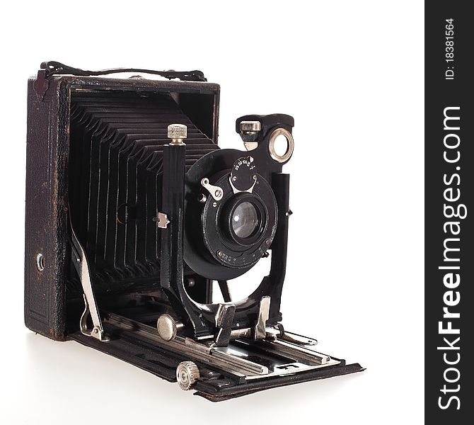 Historic old photo camera isolated on white background. Historic old photo camera isolated on white background