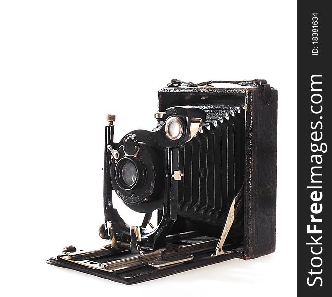 Historic vintage photo camera isolated on white background. Historic vintage photo camera isolated on white background