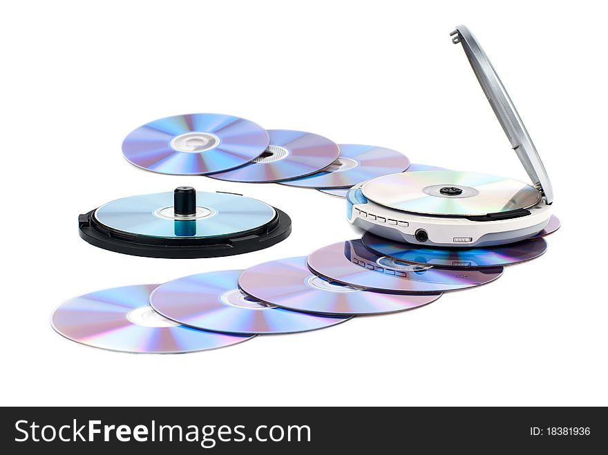 CD-Player with compact discs. White background. Studio shot. CD-Player with compact discs. White background. Studio shot.