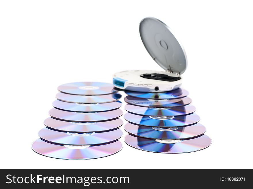 CD-Player with comcact disks. White background. Studio shot. CD-Player with comcact disks. White background. Studio shot.