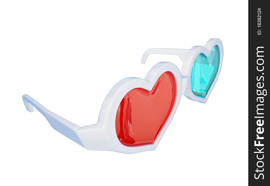 3D glasses shape of hearts isolated on white background.