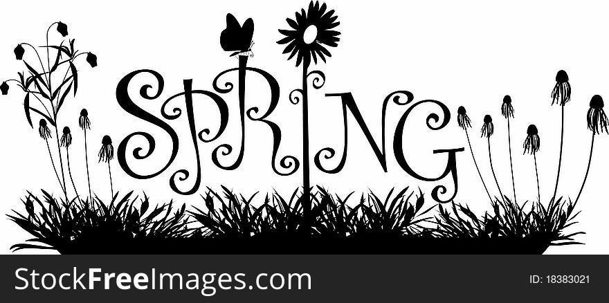 Silhouette graphic illustration depicting the word: SPRING, wildflowers and a butterfly (concept: Spring season). Silhouette graphic illustration depicting the word: SPRING, wildflowers and a butterfly (concept: Spring season)