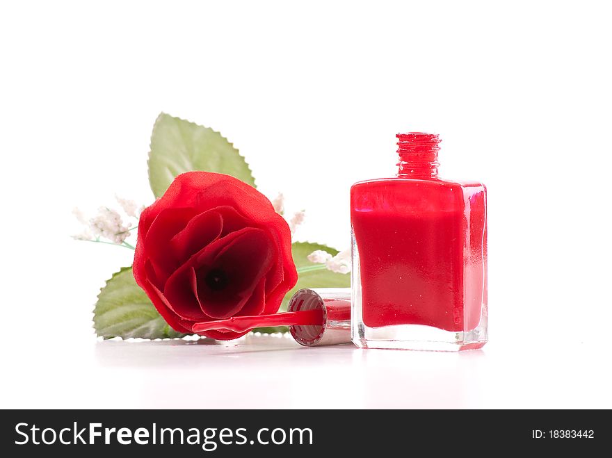Open Bottle of Nail Polish with Brush and Rose. Open Bottle of Nail Polish with Brush and Rose