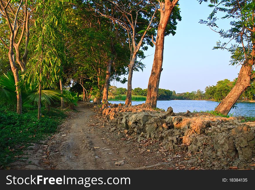 Clay walk path near the lake with green trees