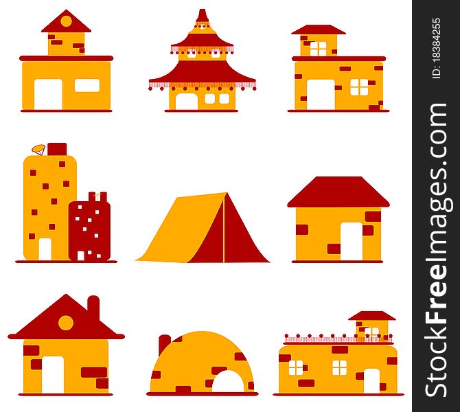 Illustration of set of different buildings on isolated background. Illustration of set of different buildings on isolated background