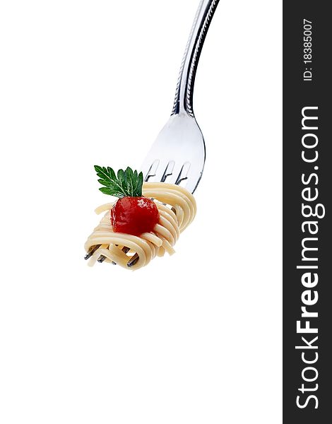 Close-up of a fork with fresh spaghetti isolated over white background. Close-up of a fork with fresh spaghetti isolated over white background.
