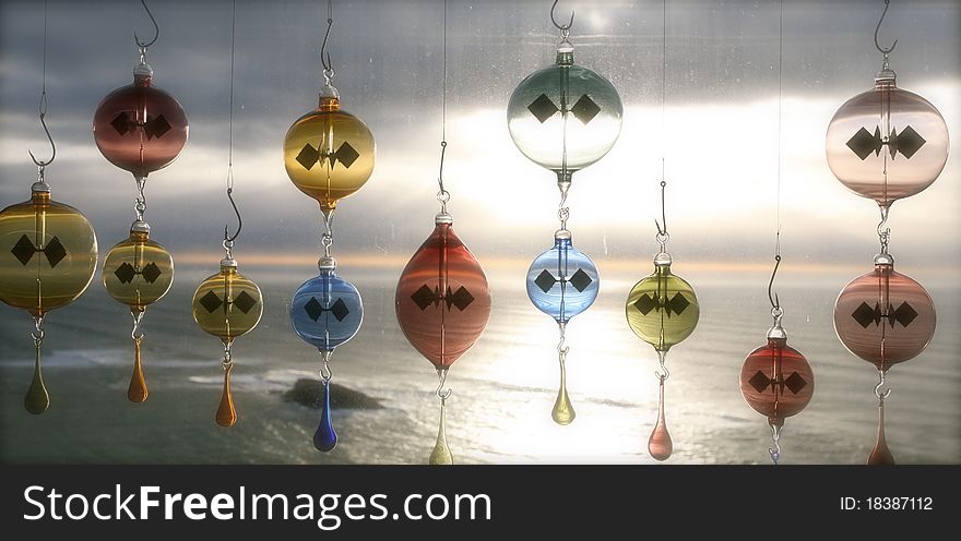 Artworks made by glass with the background of sunset on pacific west coast of america