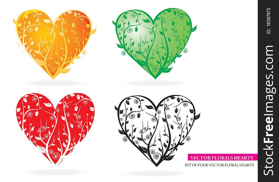 Set Of Four Vector Floral Hearts