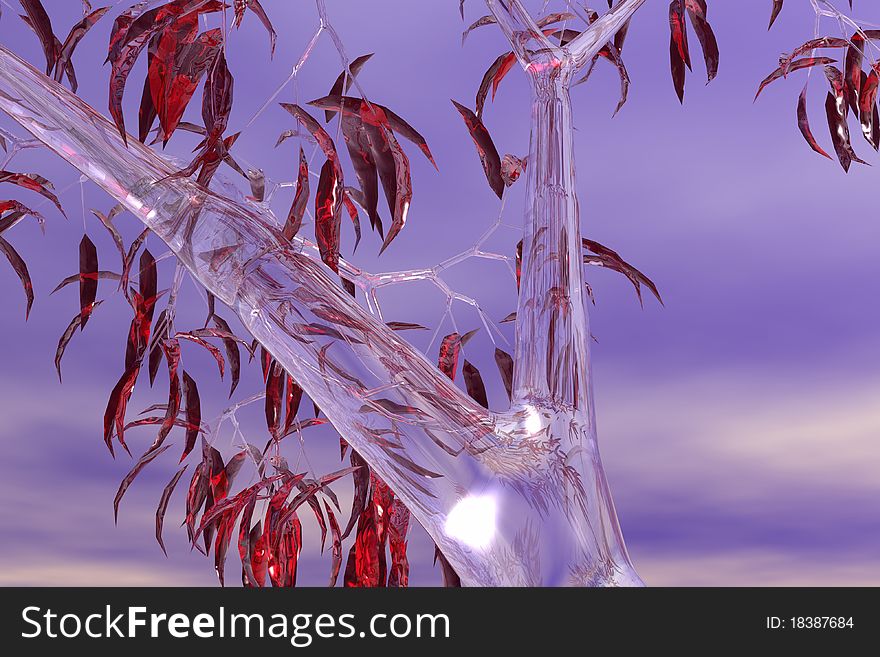 Glass tree with red leaves and blue overcast sky