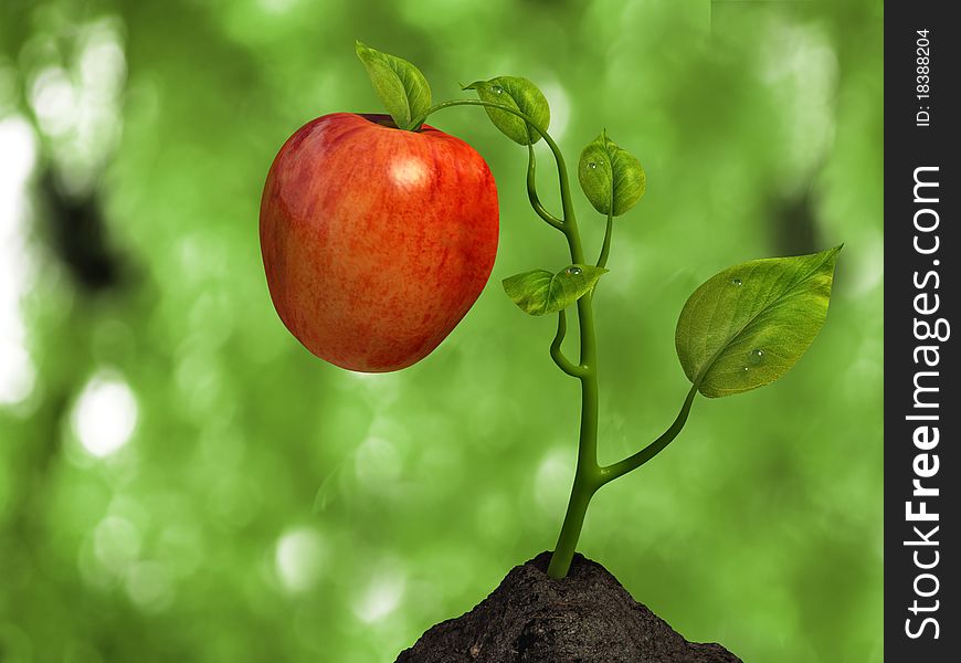 Very high resolution 3D rendering of a small plant an apple. Very high resolution 3D rendering of a small plant an apple.