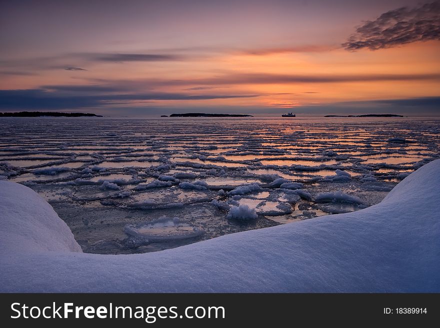 Early morning photo from icy sea with ice floats. Early morning photo from icy sea with ice floats.