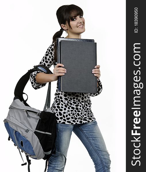 Young student girl with backpack in hand. Young student girl with backpack in hand