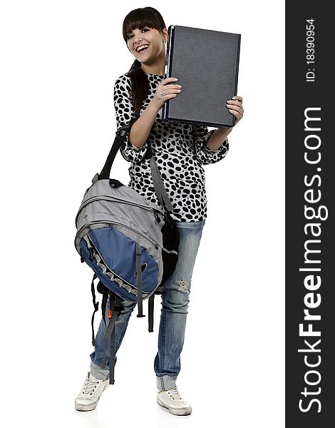 Young student girl with backpack in hand. Young student girl with backpack in hand