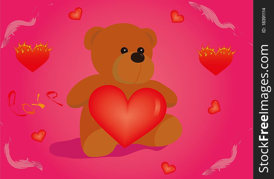 Teddy bear with heart. Red background