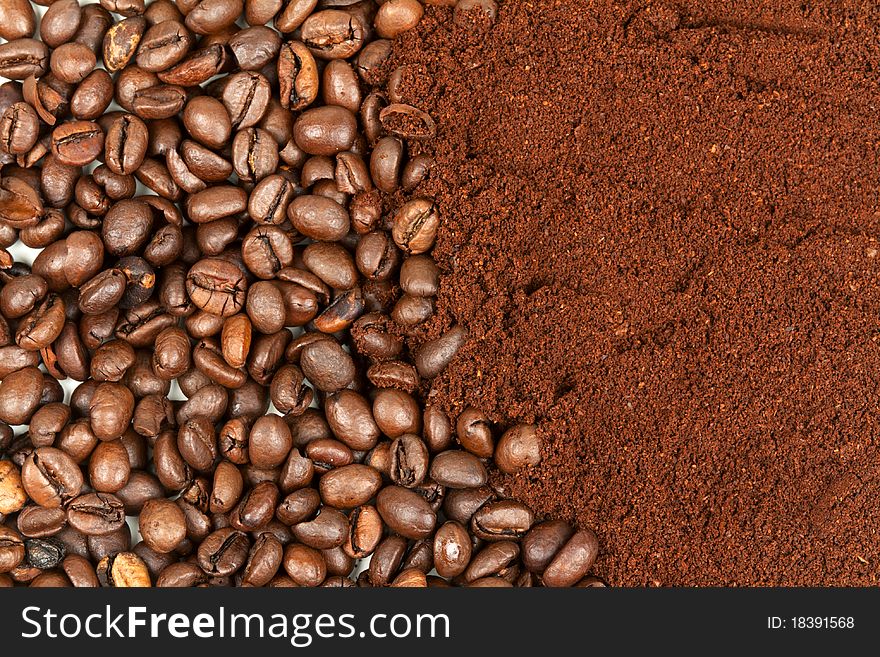 Background of coffee, half of grains, half of the ground