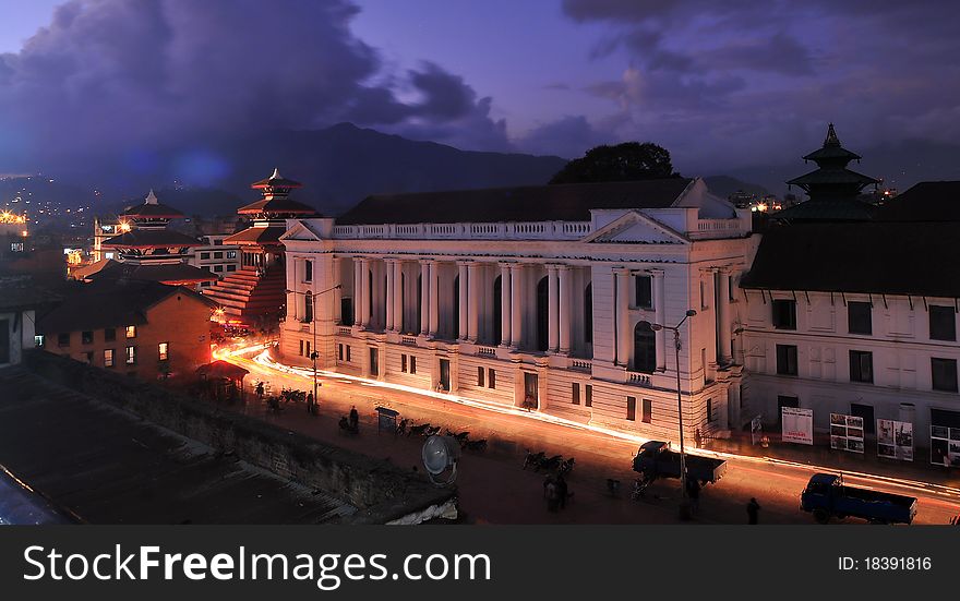 Durbar Square and the white Royal Palace, in Kathmandu, Nepal