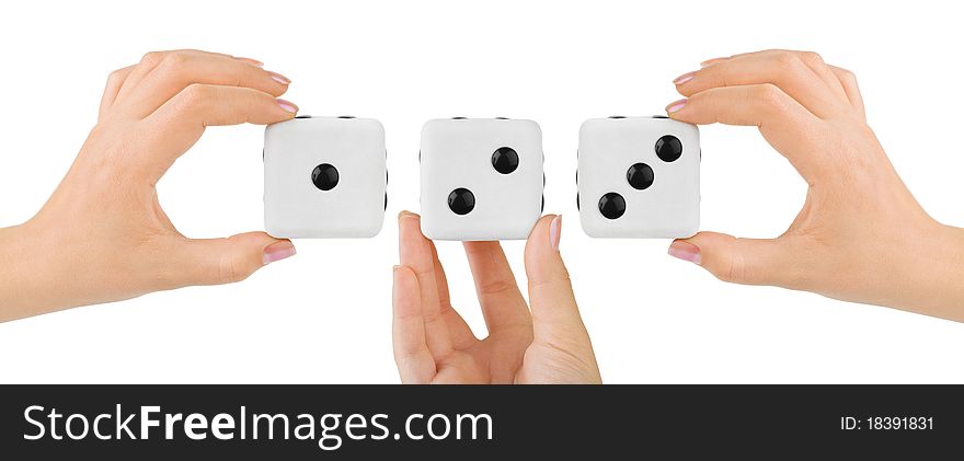 Hands and dices isolated on white background