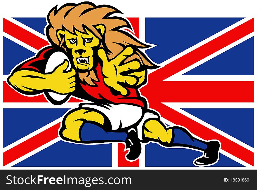 Illustration of a cartoon British Lion playing rugby running with ball fending off with Union Jack Flag isolated on white background