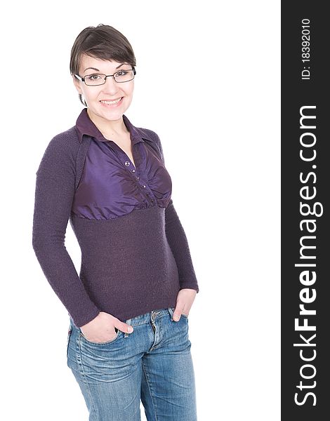 Young adult brunette woman with glasses over white background
