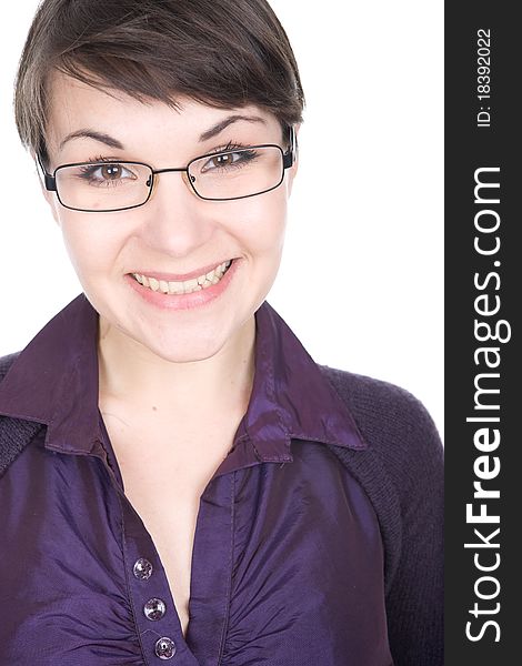 Young adult brunette woman with glasses over white background