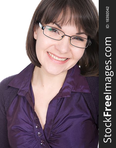 Young adult brunette woman with glasses over white background