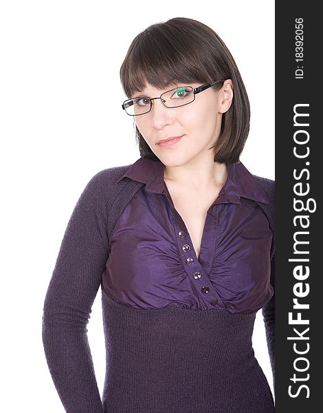 Young adult brunette woman with glasses over white background