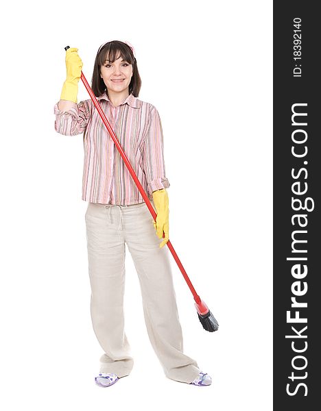 Young adult woman doing housework. over white background. Young adult woman doing housework. over white background