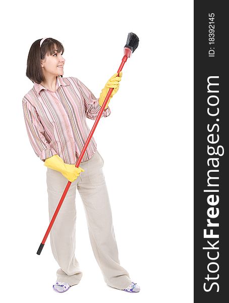 Young adult woman doing housework. over white background. Young adult woman doing housework. over white background