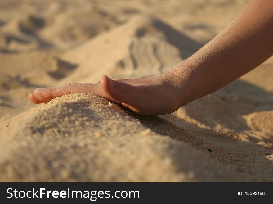 Child's hand playing in white sand on beach. Child's hand playing in white sand on beach