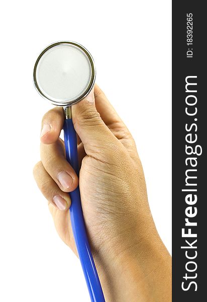 Hand holding stethoscope isolated on white background